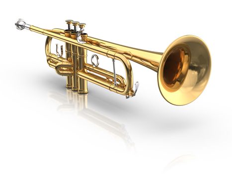 3D rendered trumpet on white background with reflection and shadow.