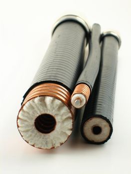 Pictures and close ups of coaxial cables and connectors of different sizes and for different uses