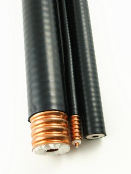 Pictures and close ups of coaxial cables and connectors of different sizes and for different uses