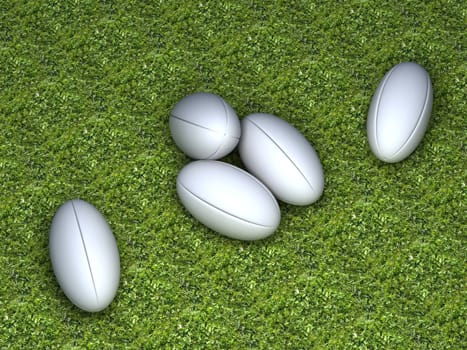 Five white rugby balls without any brand on green grass