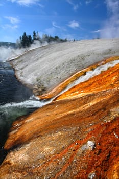 Hot water from the Midway Geyser Basin cascades into the Firehole River in Yellowstone National Park - Wyoming.