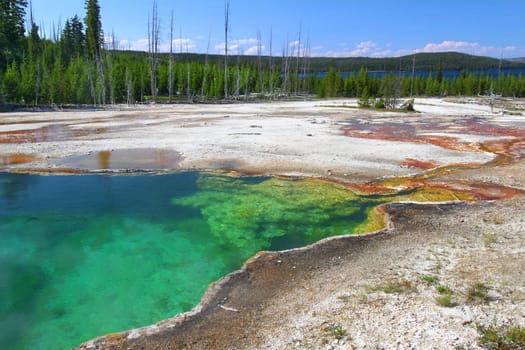 Dazzling colors of Abyss Pool in the West Thumb Geyser Basin of Yellowstone National Park.