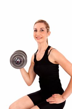 Lady with adjustable weight on white background isolated