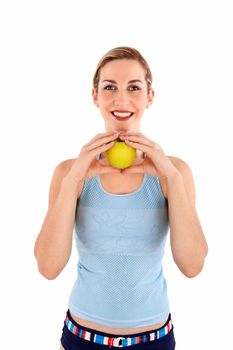 Lady with apple isolated on white background