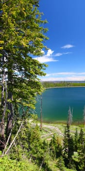 Beautiful blue waters Duck Lake in Yellowstone National Park of Wyoming, USA.