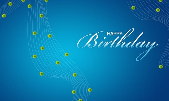 High resolution blue happy birthday card with green flowers.