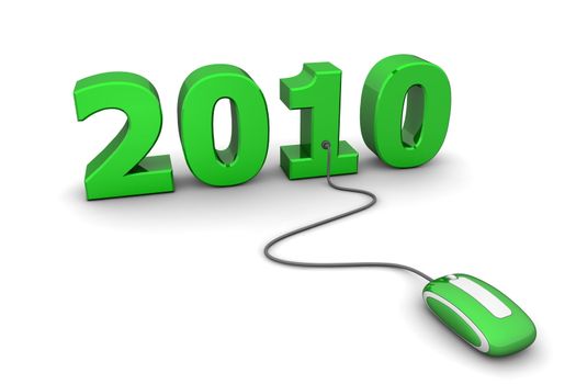 modern green computer mouse connected to the green date 2010 - welcome the new year