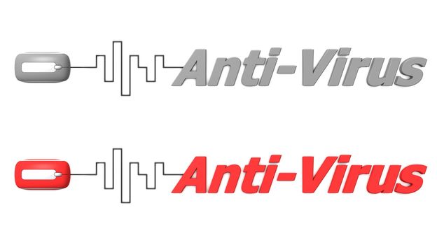 modern computer mouse connected to the word Anti-Virus via digital waveform cable - mouse and word both in grey and red