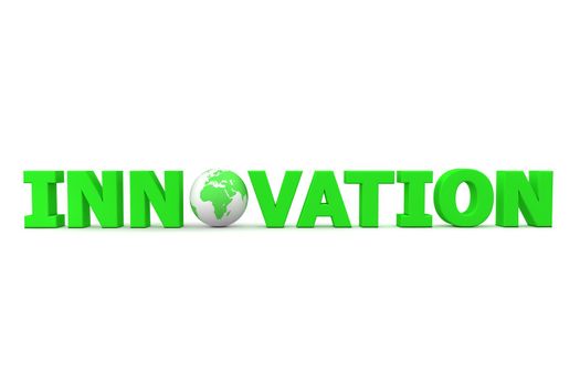 green word Innovation with 3D globe replacing letter O