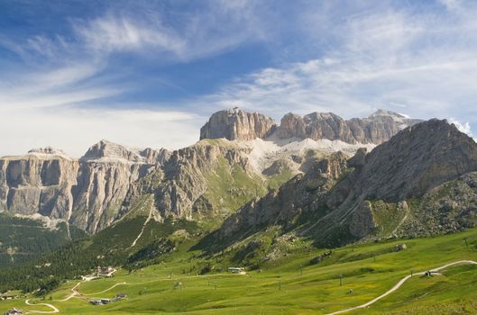summer view of italian Dolomites in val di fassa near pordoi pass with Sella group. Photo taken with polarizer filter