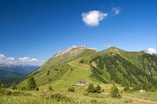 summer view of Lusia pass, in val di Fassa, Italian dolomites. Photo taken with polarized filter