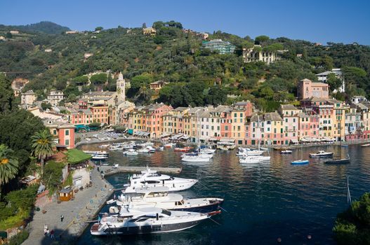 panorama of Portofino, famous small town in mediterranean sea, Itali