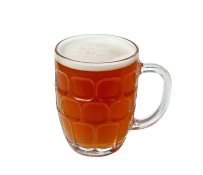 Golden brown beer in an English style pint mug with foamy head