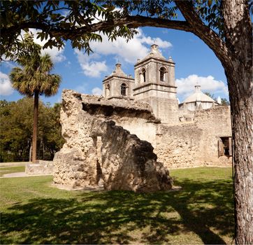 View of the ruined walls surrounding the Concepcion Mission near San Antonio in Texas