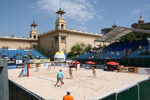 general view of Barcelona's FIVB Beach Volleyball World Tour at Montjuich. Match: Maria Clara-Carolina vs Banck-Gunther.