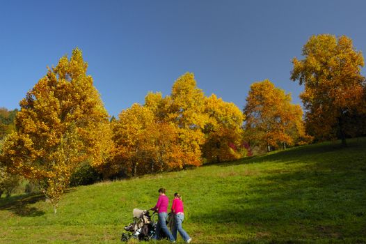 Two young mothers walk with their pushchairs past trees bright with autumn colours.