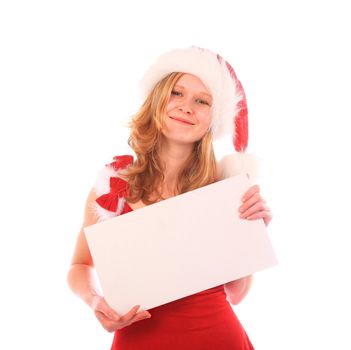 miss santa is smiling and holding a blank cardboard