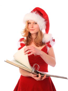 miss santa is holding a ring binder and page turning - bookkepping and paper work