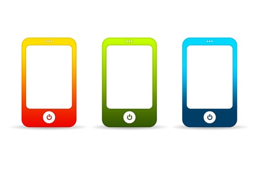 High resolution graphic of colorful mobile phones on white background. 