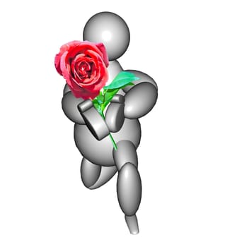 3D Puppet with a red rose over white background