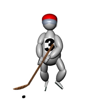 3D Puppet playing hockey, with red helmet, on white background