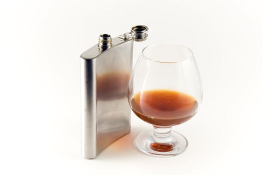 Flask for cognac and whisky from stainless steel  on white background. 