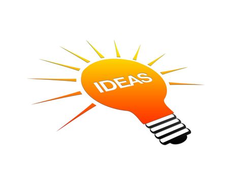 High resolution perspective graphic of a glowing light bulb with the word Ideas