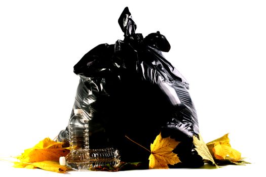 Black plastic garbage bag with autumn yellow leaves and plastic bottles with water in the foreground.