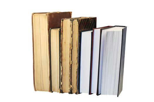 Few ancient and modern books standing in a row isolated on white background with clipping path