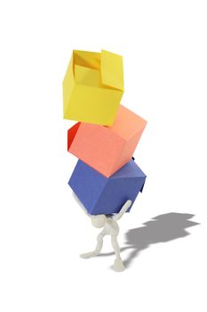 Plasticine man with three colored boxes on his shoulders. Isolated on white with clipping path