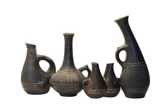 Set of ancient ceramic vases and jugs isolated on white with clipping path