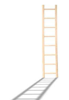 Wooden ladder with shadow standing on white background. Isolated with clipping path