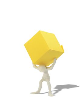 Plasticine man with big yellow box on his shoulders. Isolated on white with clipping path