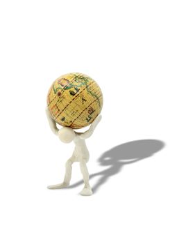 Plasticine man with globe on his shoulders. Isolated on white with clipping path