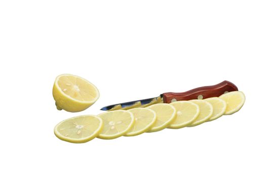 Sliced lemon and knife isolated on white background with clipping path