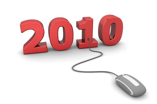 modern grey computer mouse connected to the shiny red date 2010 - welcome the new year