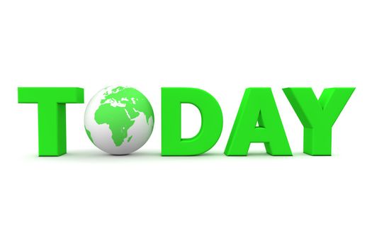 green word Today with 3D globe replacing letter O