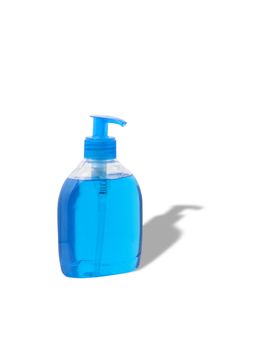 A plastic bottle of antibacterial blue liquid soap isolated on a white background with clipping path