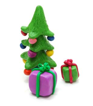 3D Gifts and Christmas Tree Made of Colored Plasticine Isolated on White Background