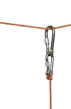 Two connected carabiners hanging on the rope. Isolated on white with clipping path