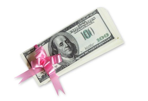 Bundle of One hundred dollar banknotes with pink bow. Isolated on white with clipping path