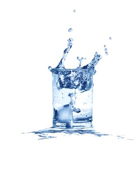 Glass of splashing water with ice isolated on white background with clipping path