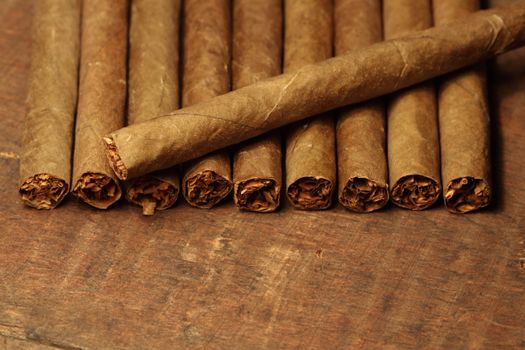 Closeup of cigar's row on wooden background