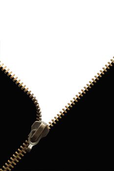 Closeup of brass zipper on black and white background for your design ideas. Isolated with clipping path