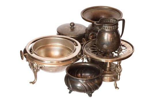 Various bronze vintage dishware isolated on white background with clipping path