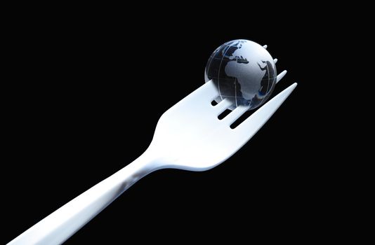 Composition with white plastic fork and glass globe on dark background with copy space