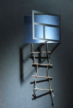 Rope ladder hanging on the wall with open luminous window made from paper