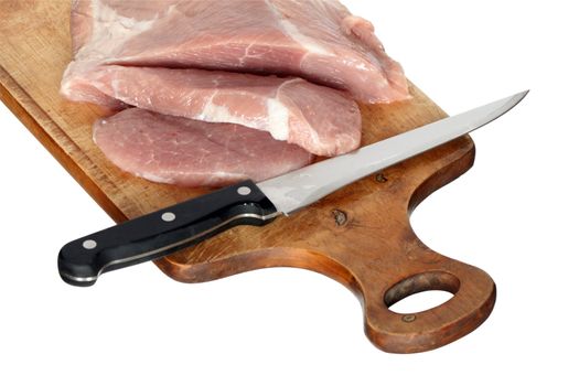Raw meat and kitchen knife on wooden plate isolated with clipping path