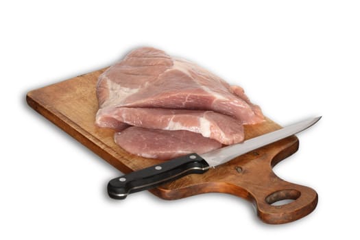 Raw meat and kitchen knife on wooden plate isolated with clipping path