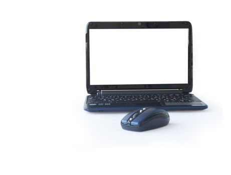 Computer mouse near modern laptop with blank isolated screen for your images